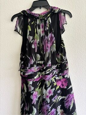 Evan Picone Black Midi Dress with Purple and Green Floral Print